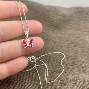 Sterling Silver Red Enamel Butterfly Necklace